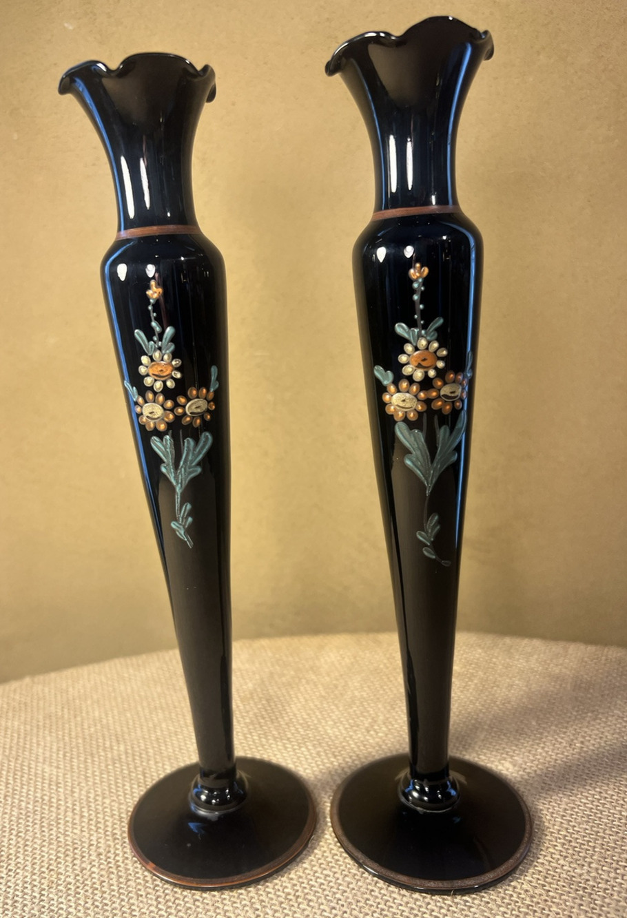 (2) Vintage Tiffin Glass Ebony Black Glass Floral Decorated Bud Vases 10"